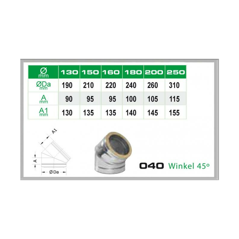 040-DN150 DW6 Winkel 45- Dinak unter Schornsteine|Edelstahl Schornsteine|Dinak Edelstahlschornstein|DW-Schornstein Einzelteile DW6 Dinak|Edelstahl Schornstein 150mm DW6 Dinak