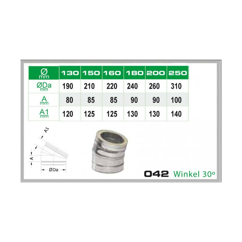 042-DN150 DW6 Winkel 30- Dinak unter Schornsteine|Edelstahl Schornsteine|Dinak Edelstahlschornstein|DW-Schornstein Einzelteile DW6 Dinak|Edelstahl Schornstein 150mm DW6 Dinak