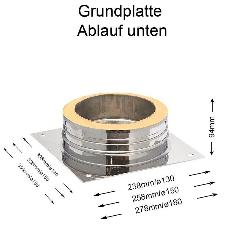 DW Complete Grundplatte Ablauf unten 130mm unter Schornsteine|Edelstahl Schornsteine|DW-Complete|DW-Complete DN 130mm