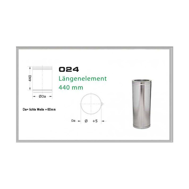 Lngenelement 440mm fr Schornsteinsets 130mm DW unter Schornsteine|Edelstahl Schornsteine|Dinak Edelstahlschornstein|DW Schornsteinpakete Dinak|Edelstahl Pakete doppelwandig DN 130mm DW Dinak|Zustzliche Paketteile DN 130mm DW Dinak